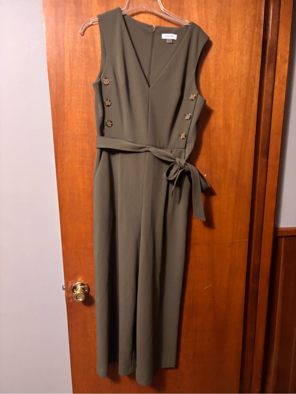 Calvin Klein Olive V-Neck Sleeveless Jumpsuit with Side Button Detail